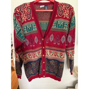 VTG Liz sport Cardigan Sweater Medium Red Green Paisley Print Long Sleeve Knit